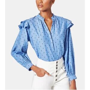 Joie Idonia Ruffle Top Blouse Blue Black Size Large